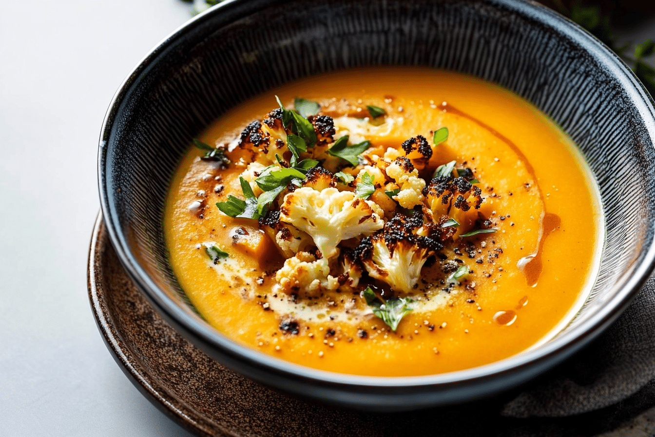 Sweet Potato Soup with Roasted Cauliflower Crumbles