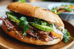 Vietnamese Pho Sandwich with Roast Beef, Hoisin, Sriracha + Herbs