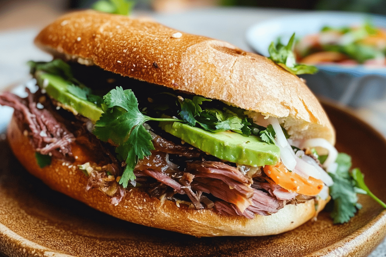 Vietnamese Pho Sandwich with Roast Beef, Hoisin, Sriracha + Herbs