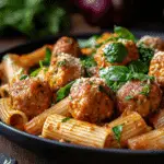 Zesty Turkey & Ricotta Meatballs with Garlic Spinach Rigatoni