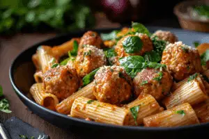 Zesty Turkey & Ricotta Meatballs with Garlic Spinach Rigatoni