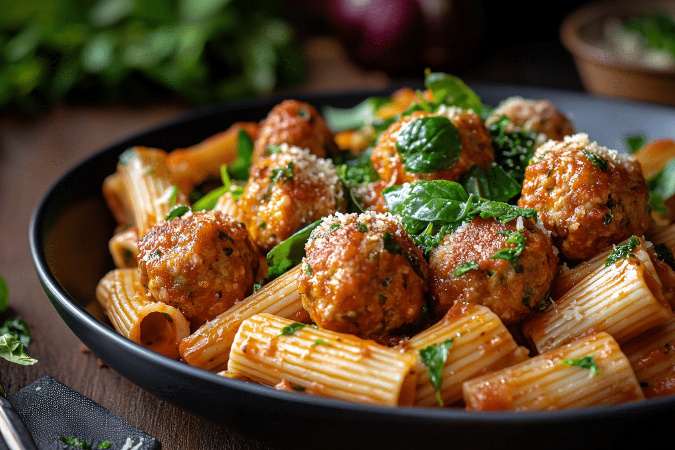 Zesty Turkey & Ricotta Meatballs with Garlic Spinach Rigatoni