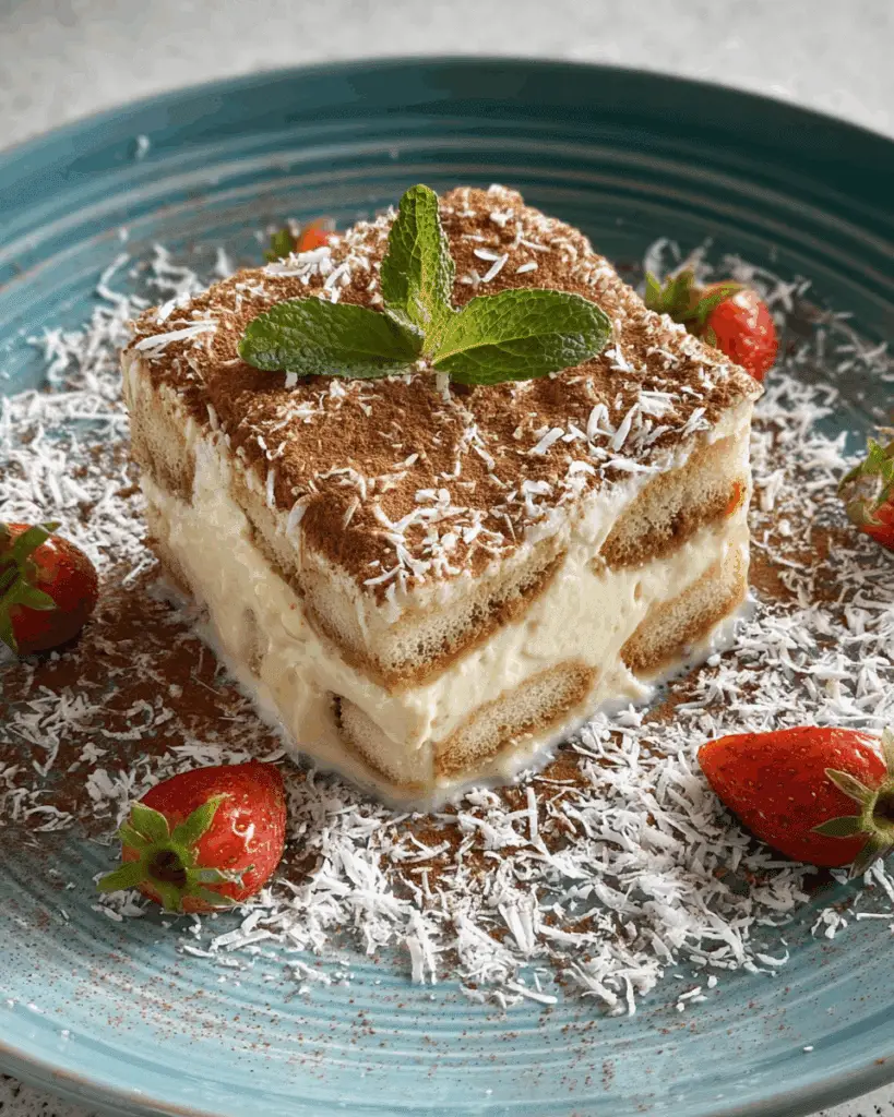 Slice of Coconut Rum (Coquito) Tiramisu with toasted coconut