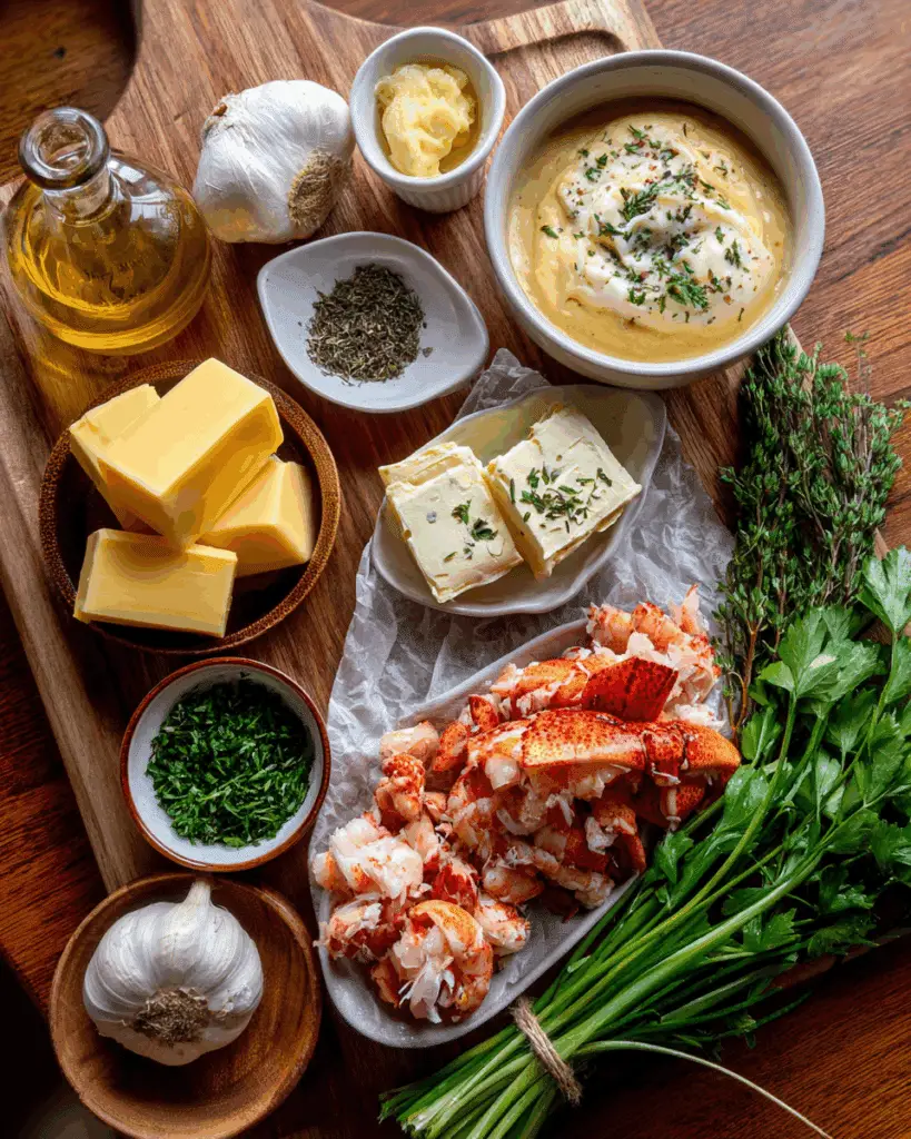 Ingredients for lobster ravioli sauce on a wooden board