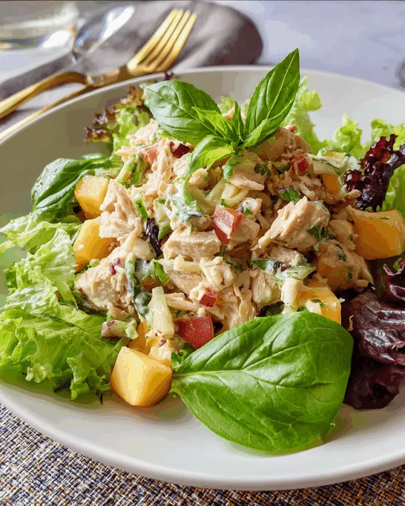 Fresh ingredients for Peach Basil Chicken Salad
