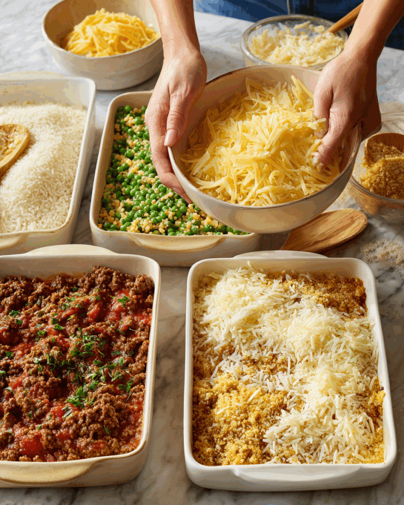 Layering Arancini Rice Ball Casserole in pan