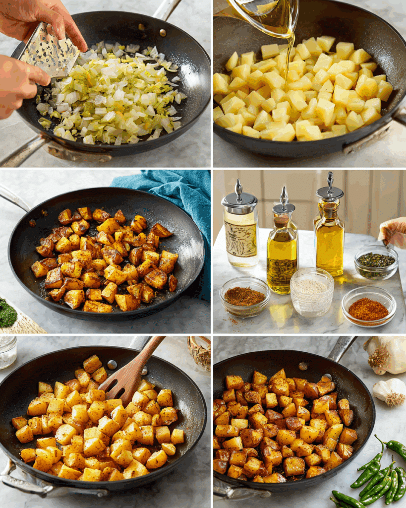 Cooking potato and green chili filling for tacos