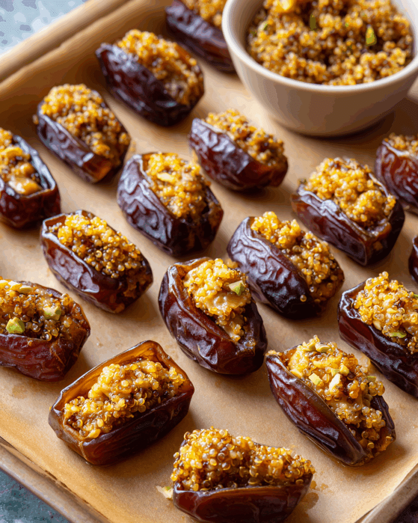 Different versions of quinoa crunch stuffed dates.