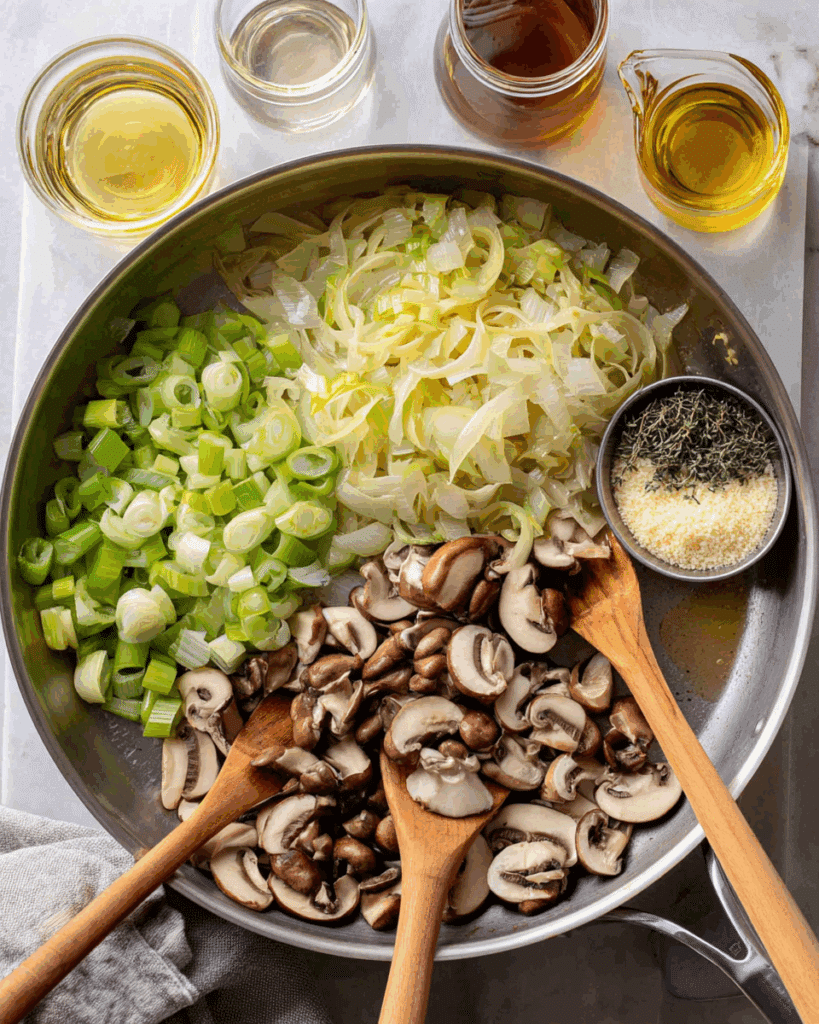 Cooking caramelized leeks and mushrooms in a skillet