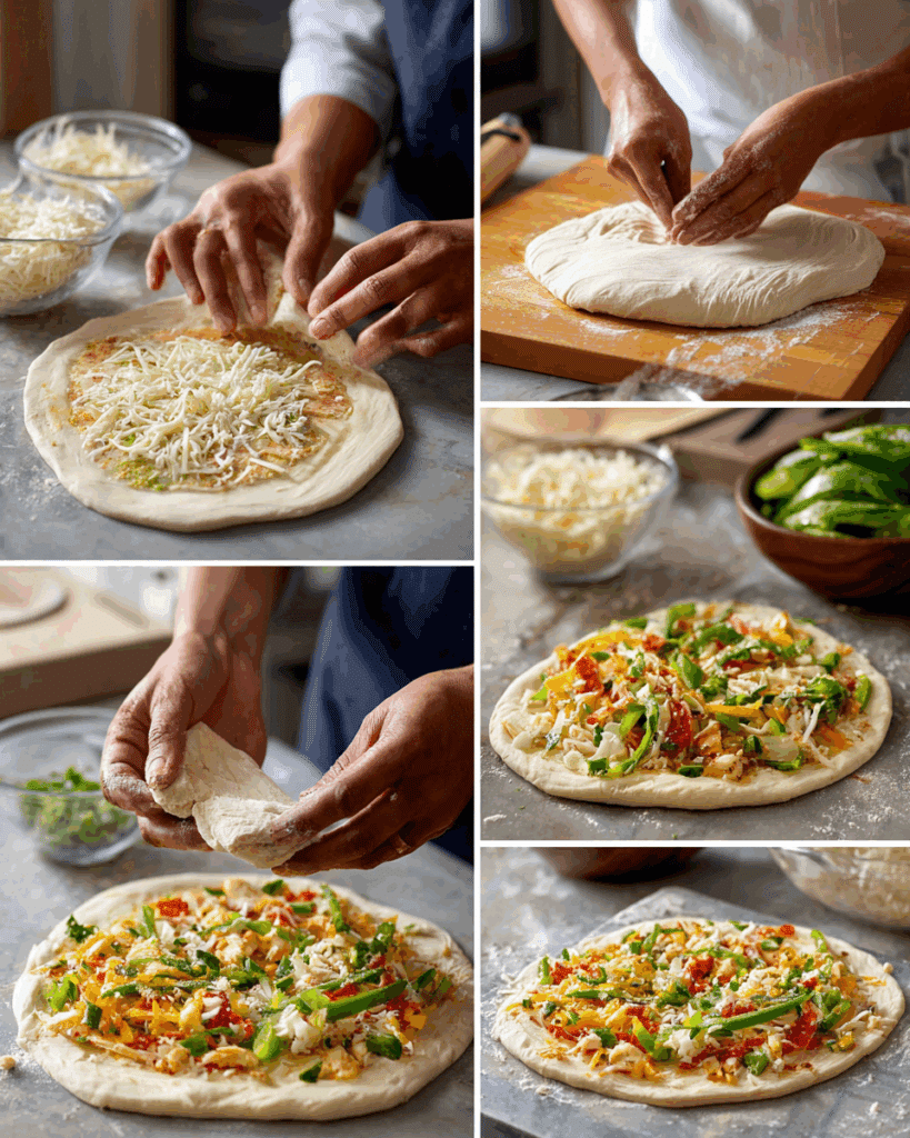 Assembling banana pepper pizza with cheese and peppers