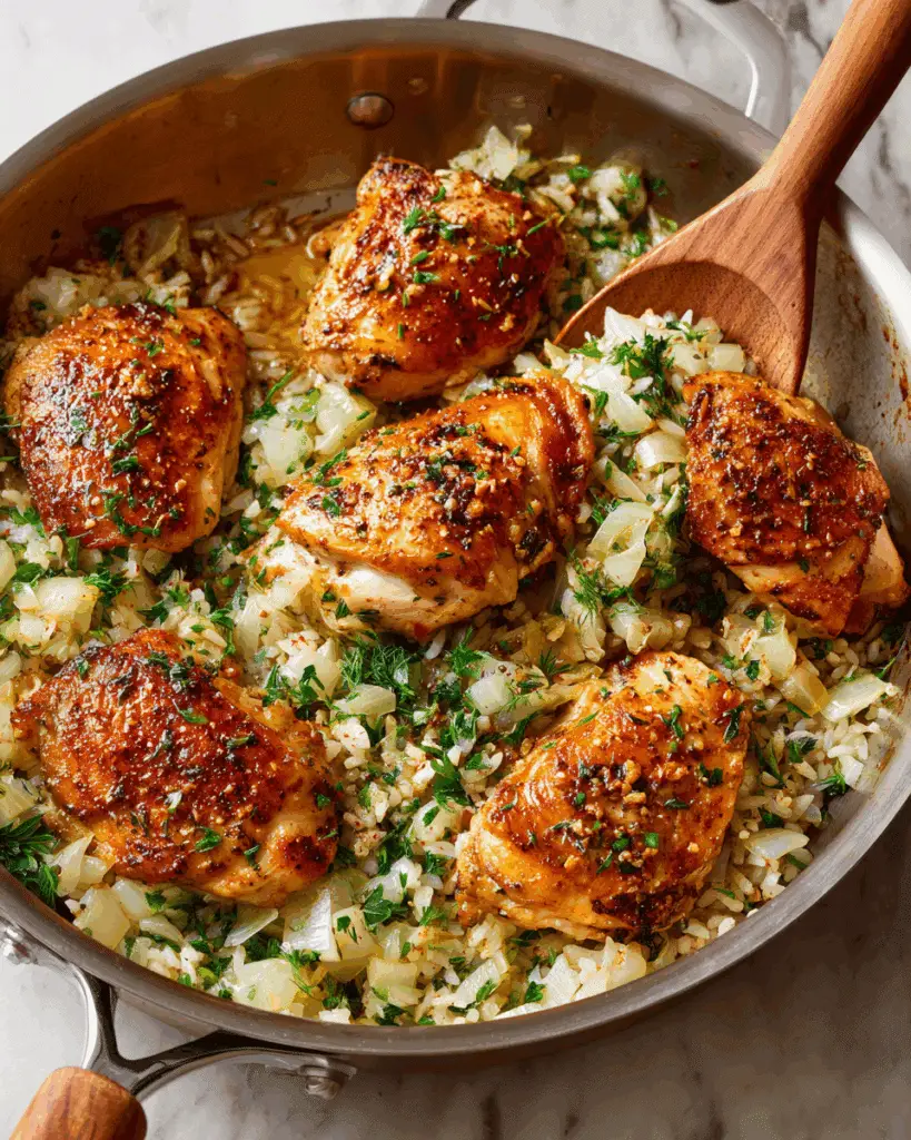 Searing chicken for One Pot Shawarma Chicken and Rice