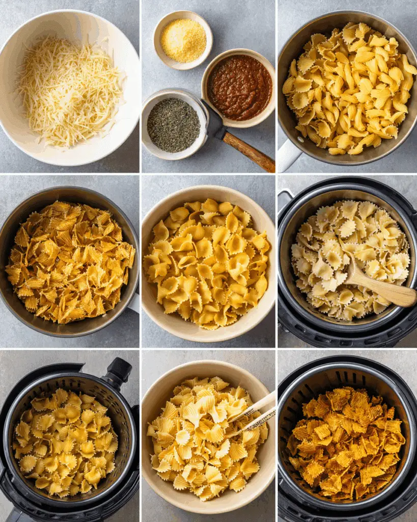 Tossing pasta with parmesan, oil, and spices