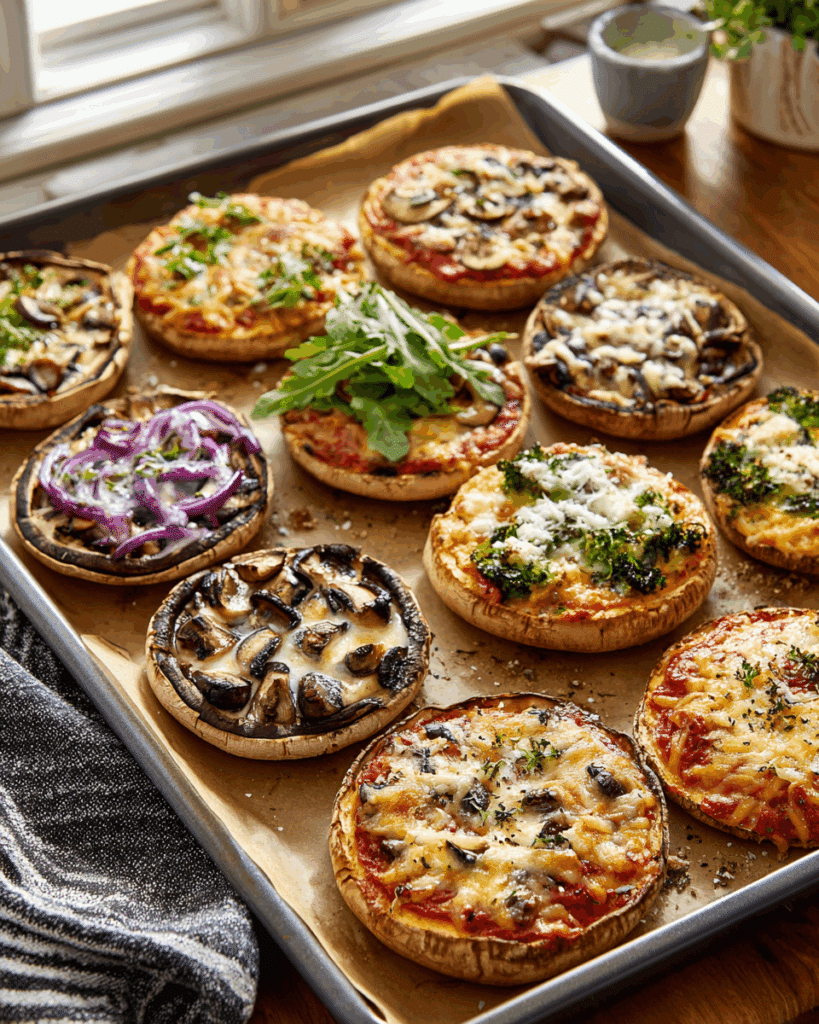 Assorted mushroom pizzas with colorful toppings.
