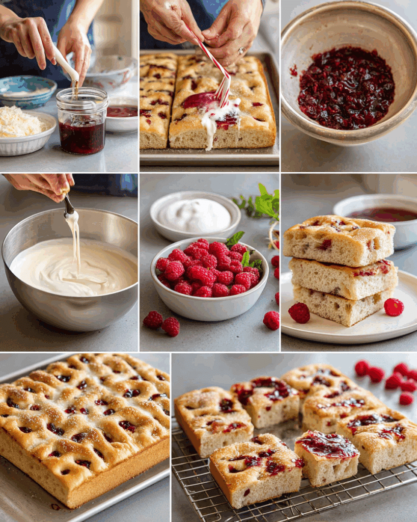 Filling raspberry jam into baked sweet focaccia