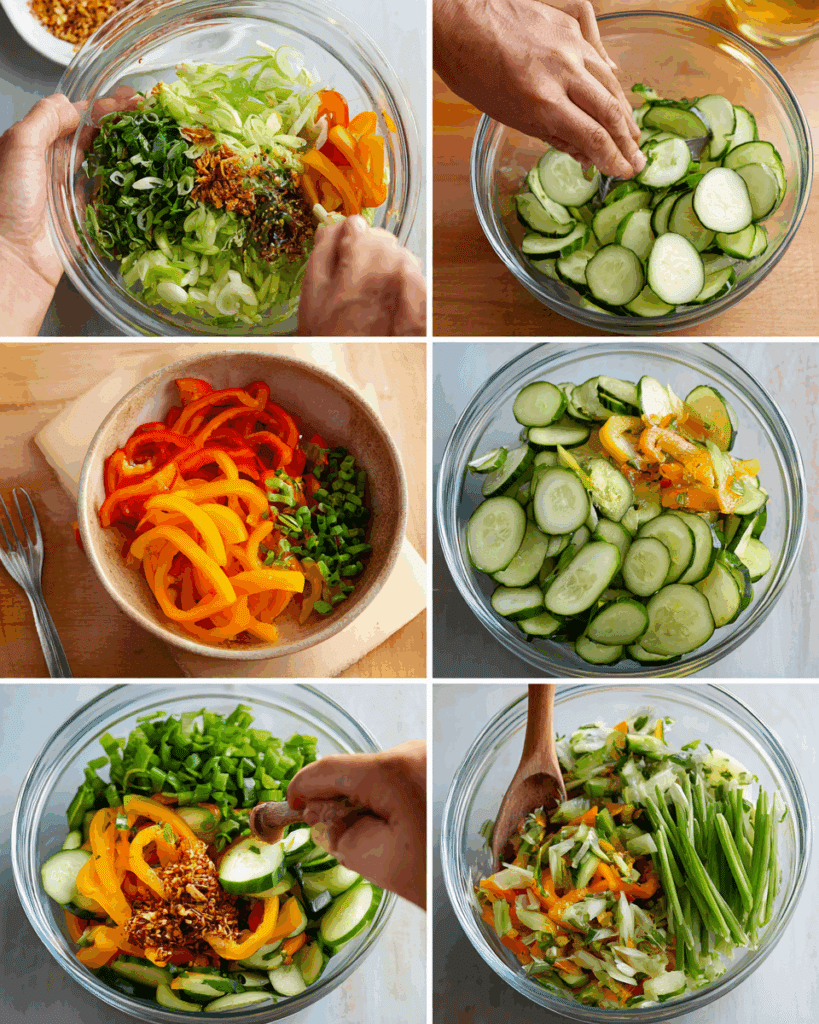 Mixing cucumber sweet pepper salad with ginger dressing