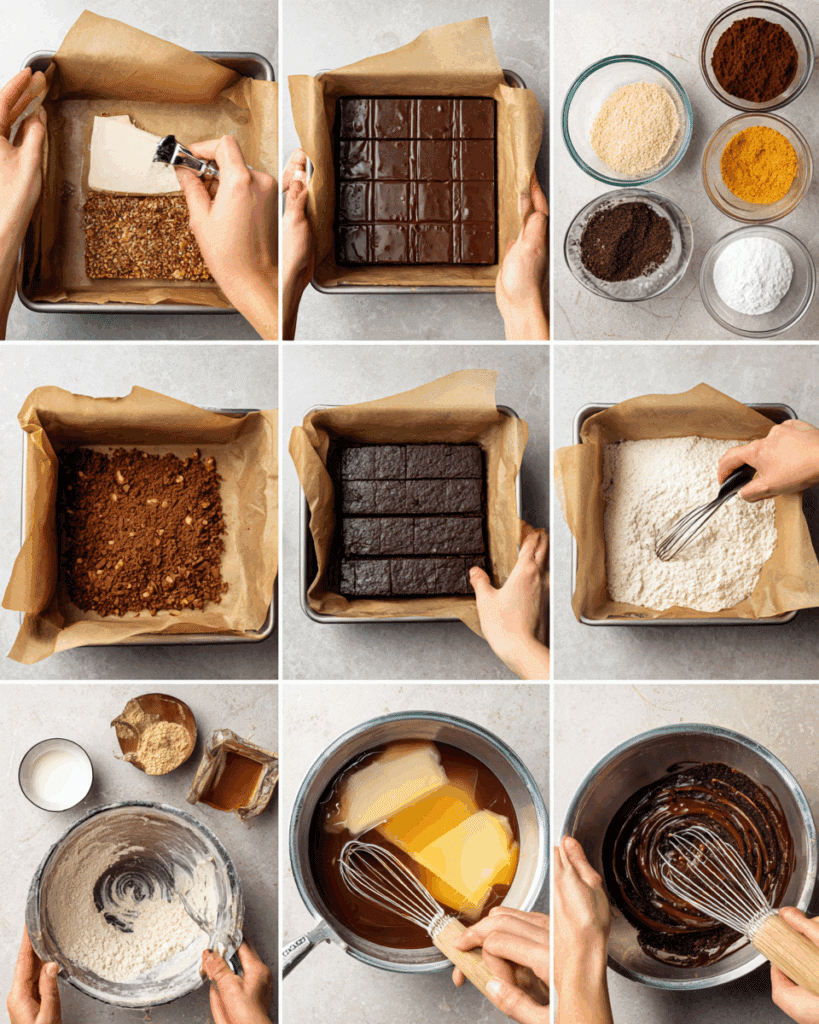 Pouring brownie batter over pretzel base