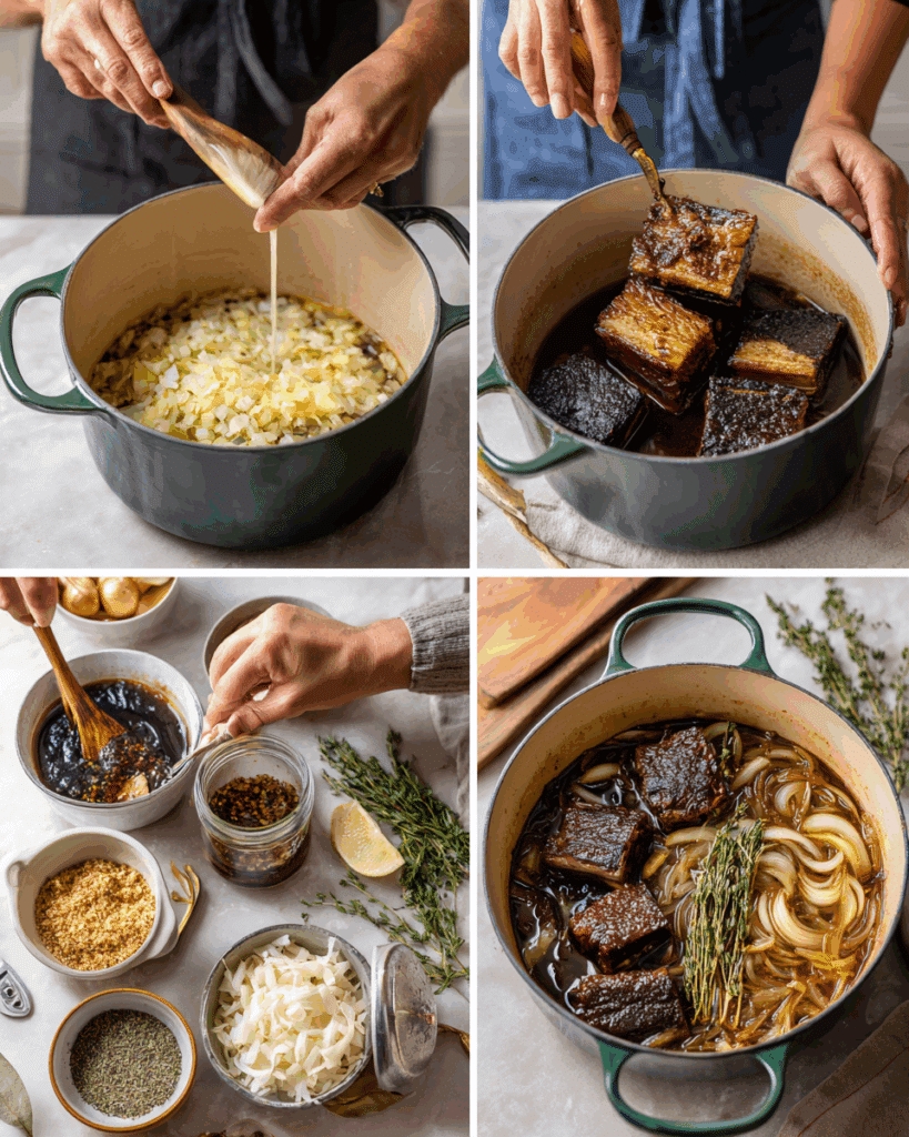 Cooking process of French Onion Beef Short Rib Soup.