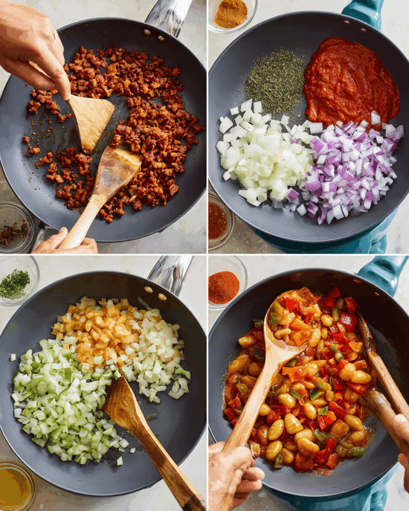 Cooking Gnocchi with Chorizo and Creamy Harissa Sauce in a skillet