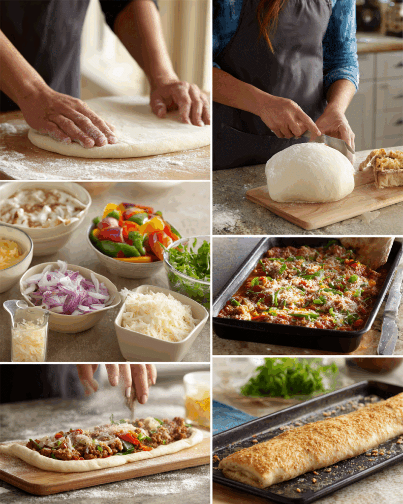 Sausage, onion, and pepper filling for stromboli cooking in pan
