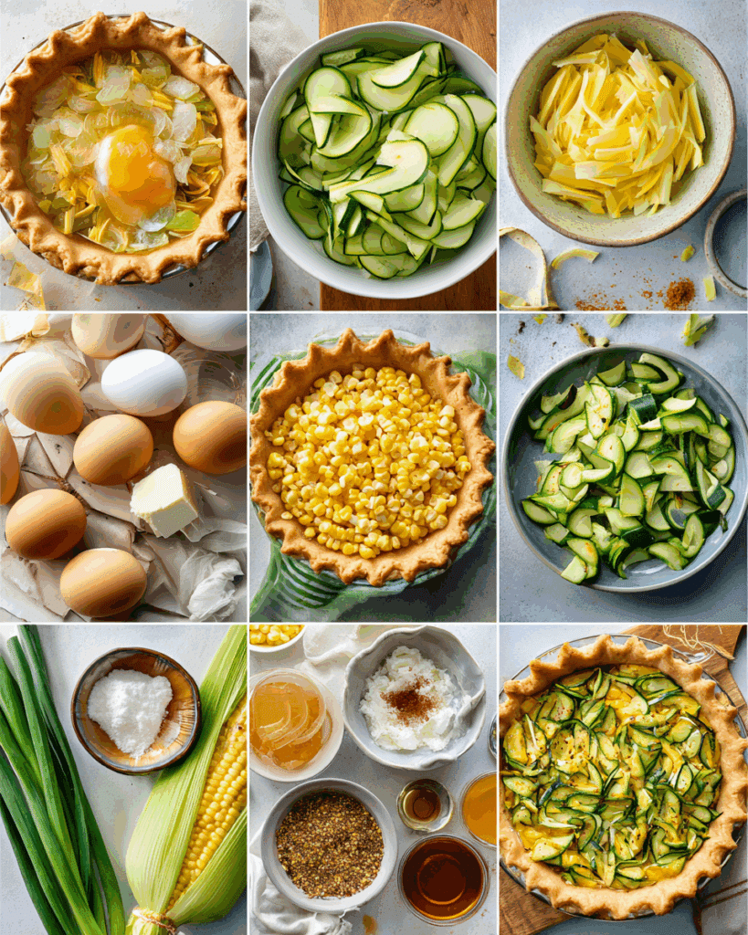Layering process for Sweet Corn Zucchini Pie in pan