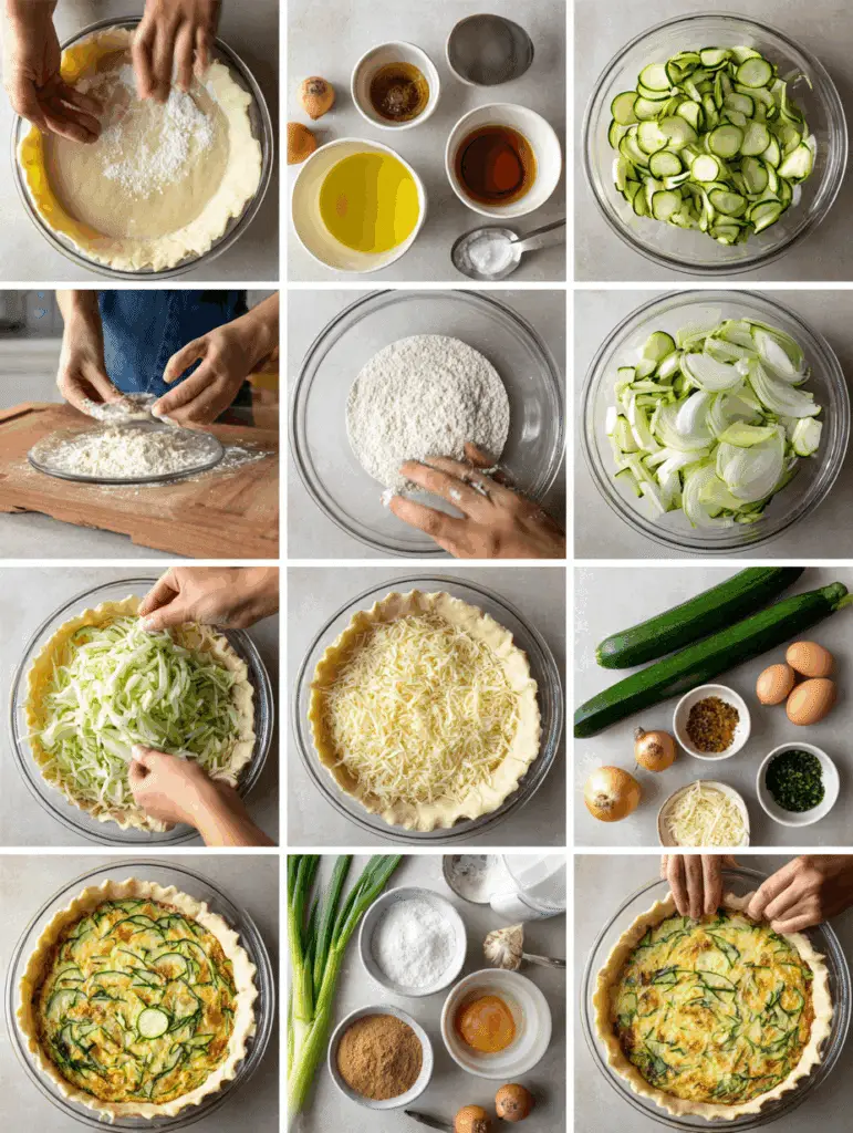 Pouring Zucchini Onion Pie batter into pie dish