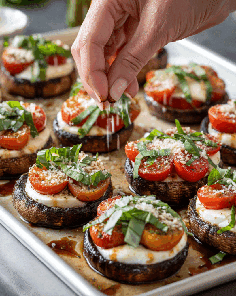 Caprese Stuffed Portobello Mushrooms broiling in oven