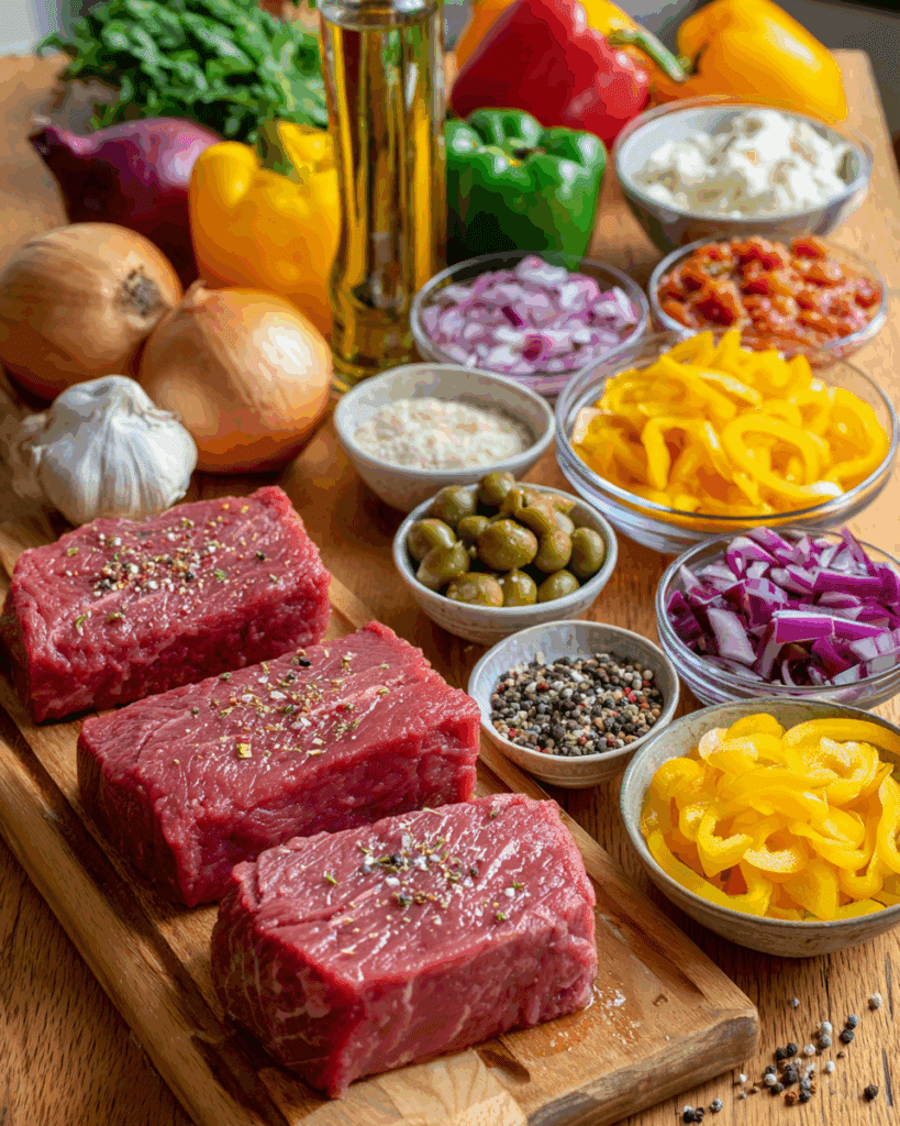 Ingredients for Steak Pizzaiola Recipe on rustic wood