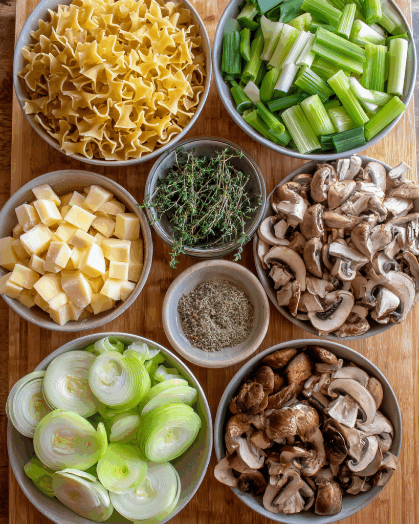 Ingredients arranged for caramelized leek and mushroom Gruyere pasta