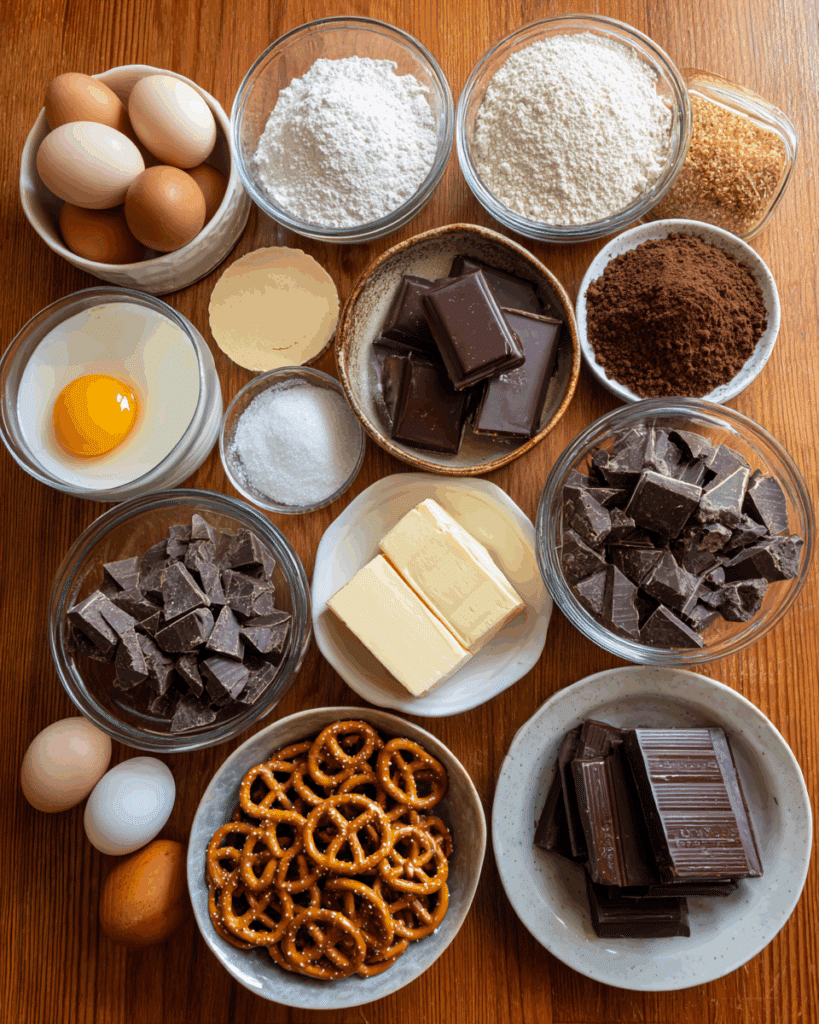 Ingredients for Pretzel Bottom Caramel Brownies laid out