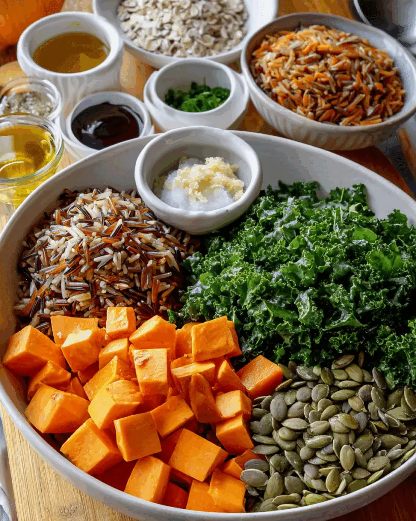 A close-up Samsung S24 Ultra photo of raw ingredients including wild rice blend, cubed sweet potato, fresh kale, and a jar of vinaigrette on a kitchen counter.