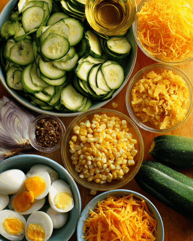 Raw ingredients for Sweet Corn Zucchini Pie on counter