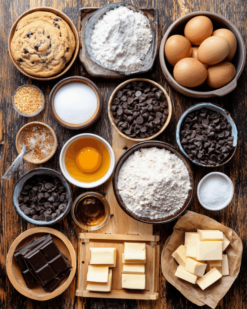 Ingredients for Chocolate Chip Salted Caramel Tart laid out on a counter