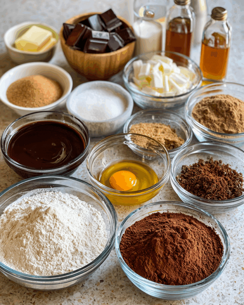 Ingredients for salted caramel chocolate cake and frosting