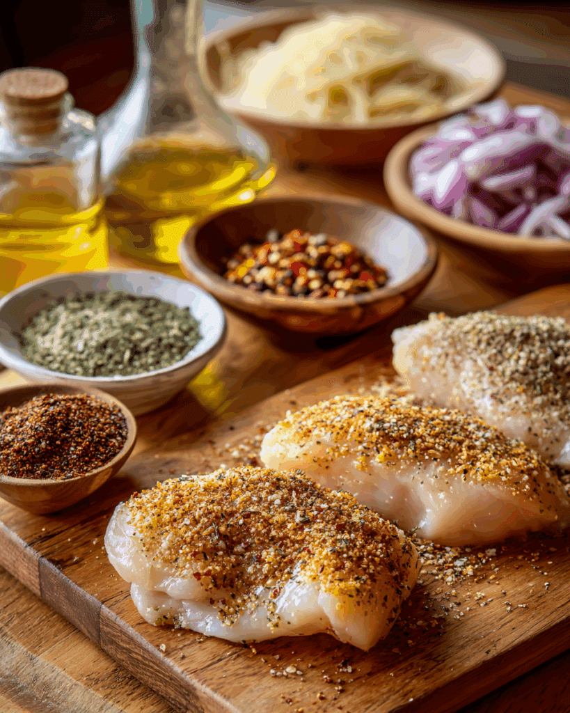 Ingredients for Olive Garden Chicken Scampi including chicken, peppers, and pasta
