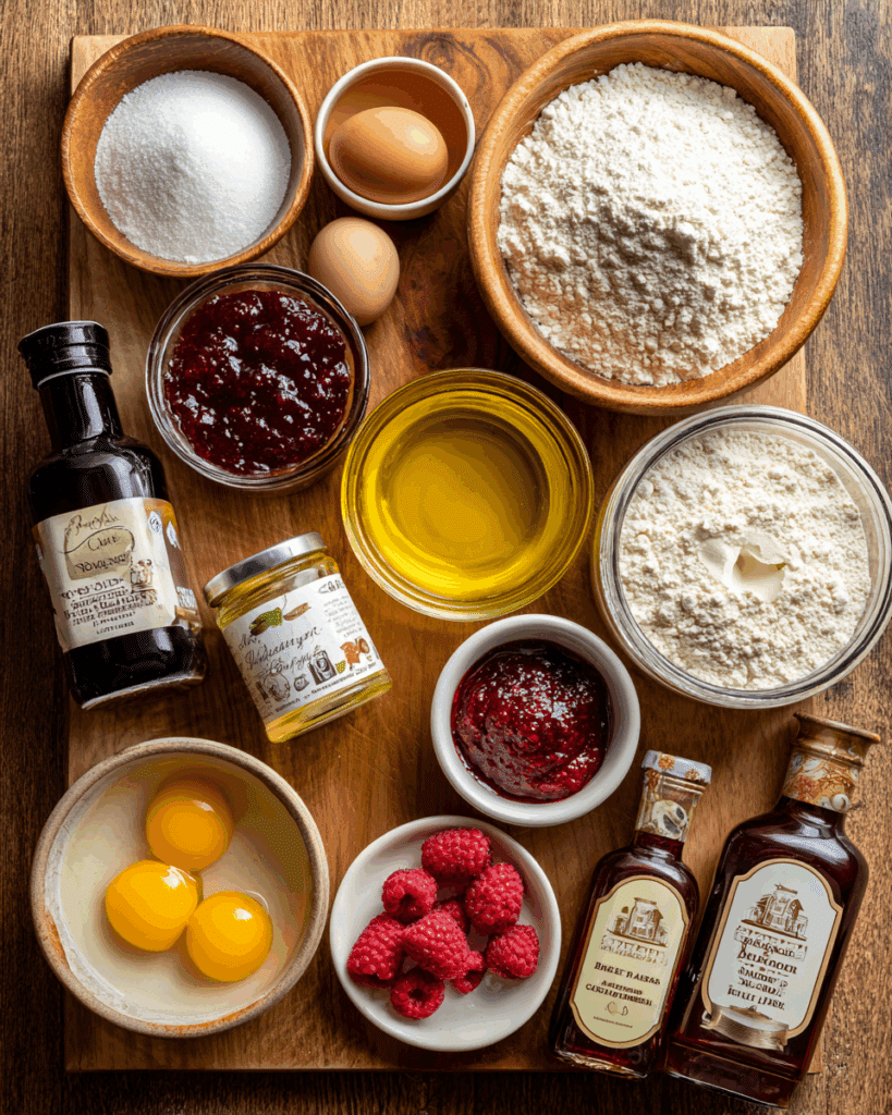 Ingredients for sweet focaccia with raspberry jam