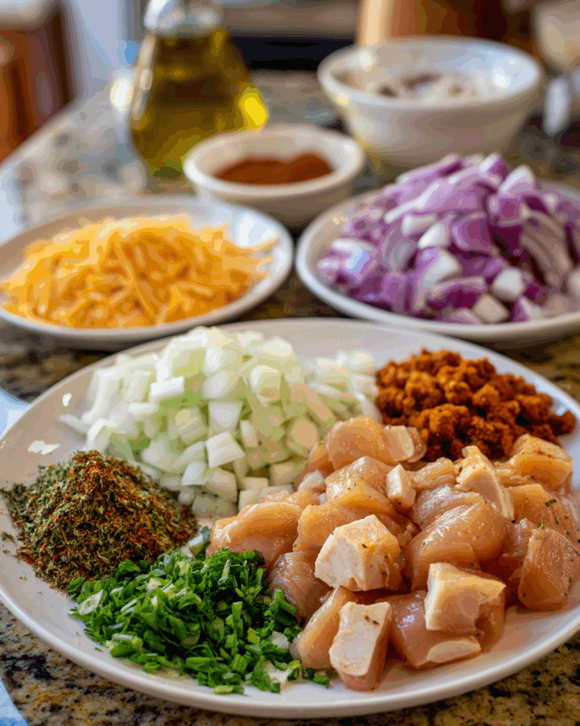Ingredients for Chori Pollo laid out on a kitchen counter