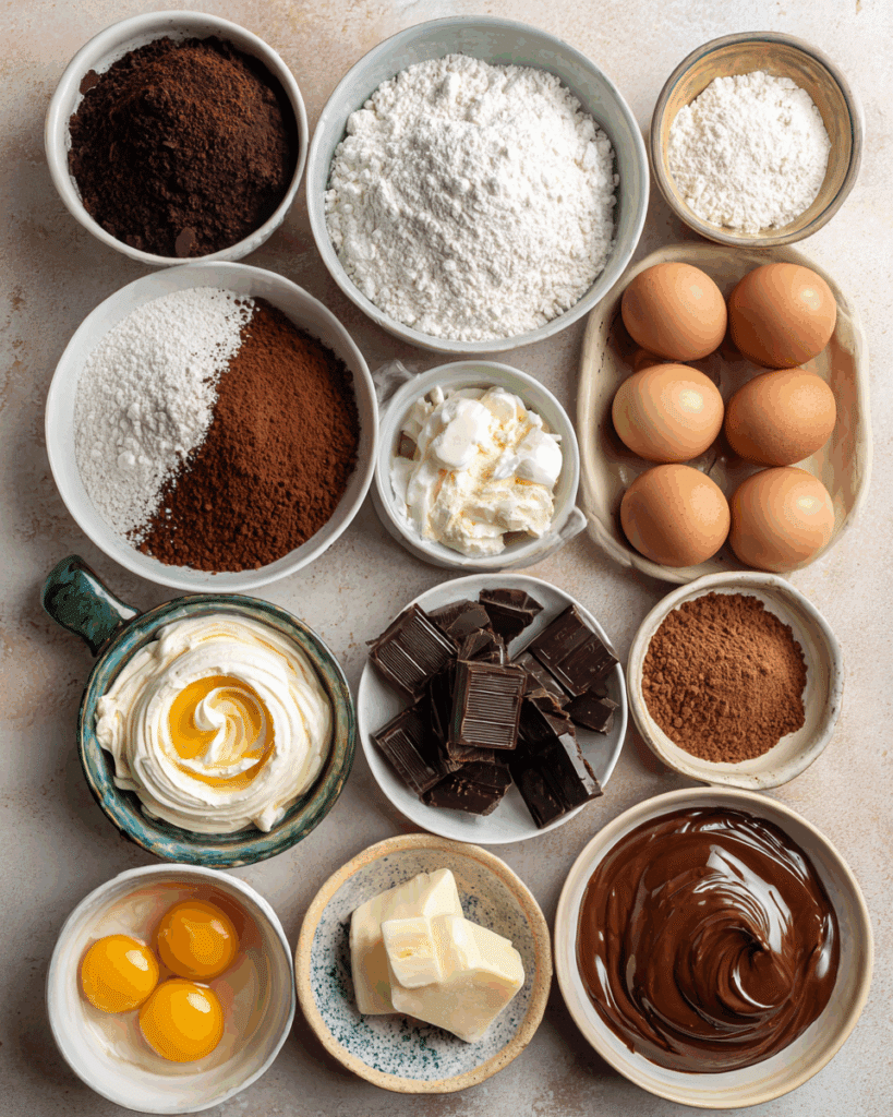 Ingredients for Sokolatina Chocolate Custard Cake laid out on counter