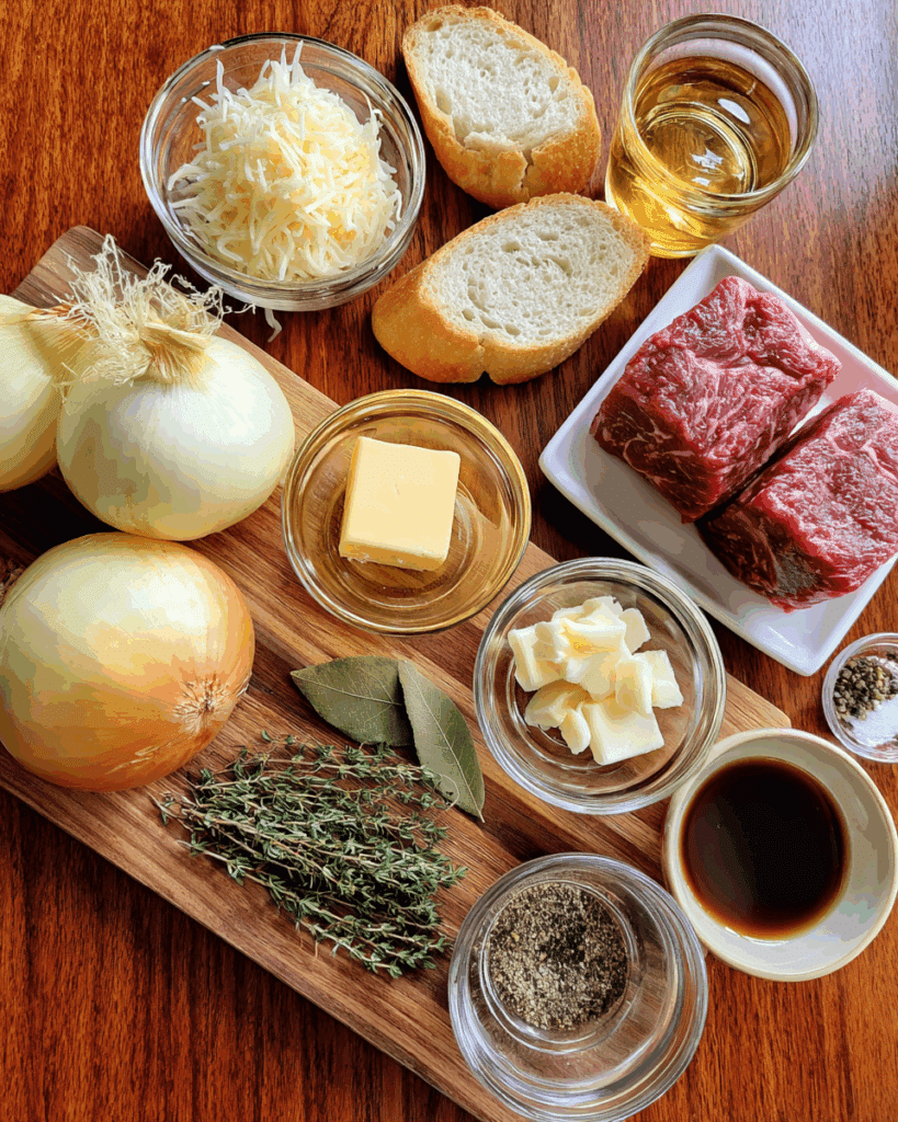 Ingredients for French Onion Beef Short Rib Soup.