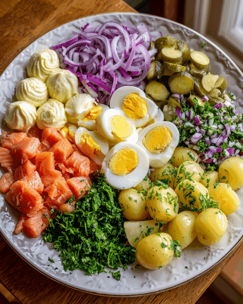 Prepped ingredients for smoked salmon potato salad