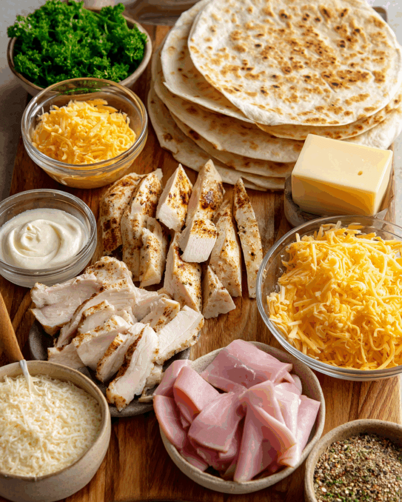 chicken-cordon-bleu-quesadillas-layered-ingredients