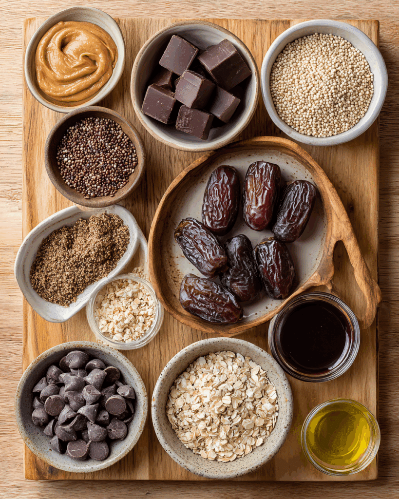 Ingredients and steps to make quinoa crunch stuffed dates.