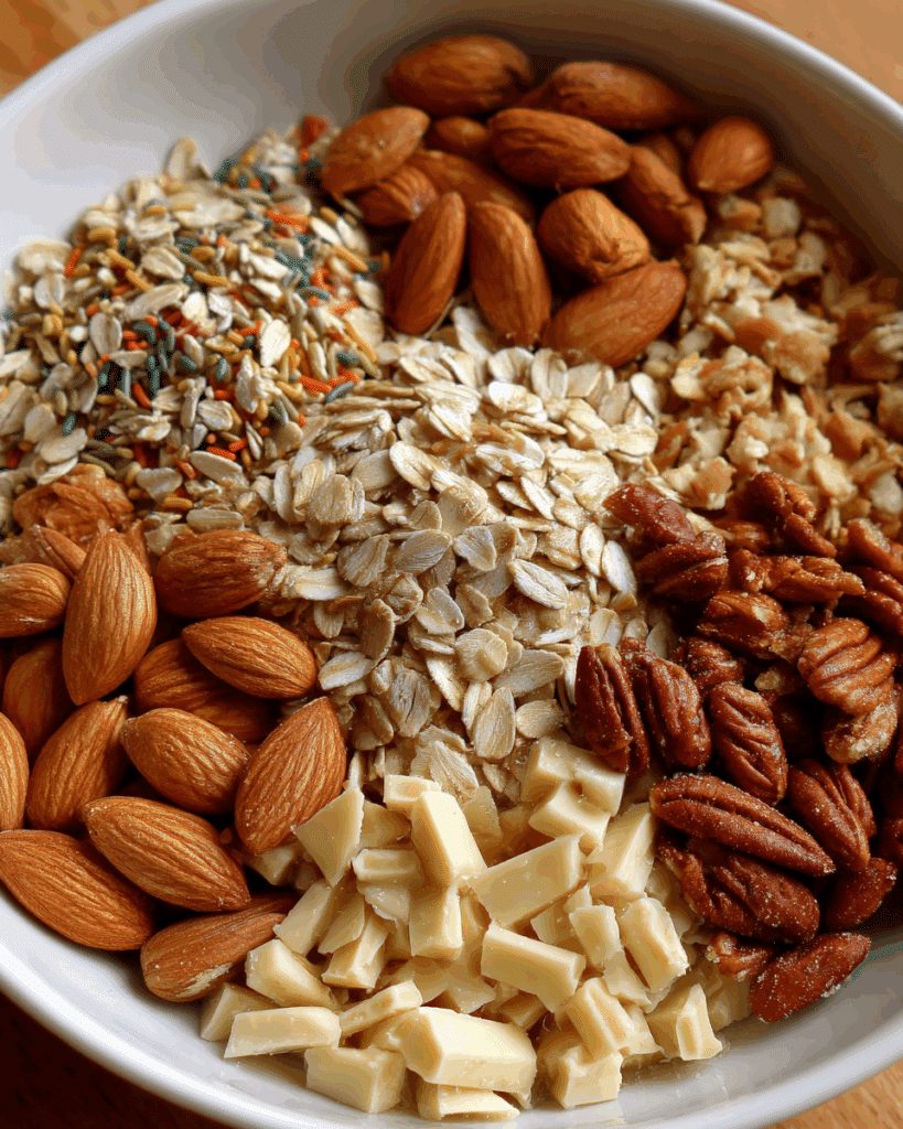 Ingredients for Birthday Cake Granola Clusters on a wooden table