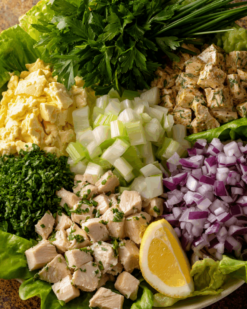 Ingredients needed to make a Tarragon Chicken Salad Sandwich.