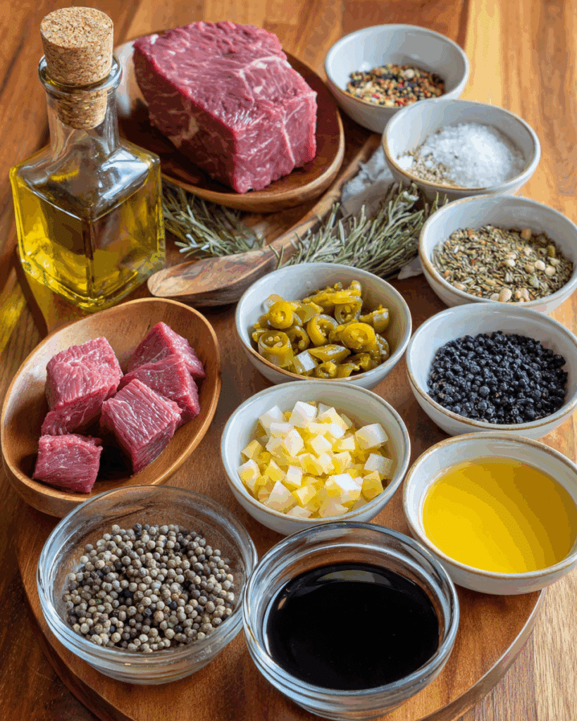 Raw chuck roast seasoned for Italian Beef Sandwich