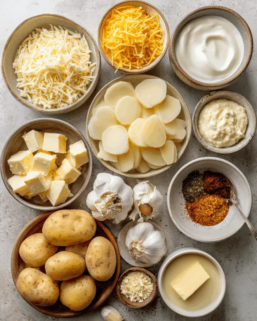 ingredients for cheesy garlic scalloped potatoes