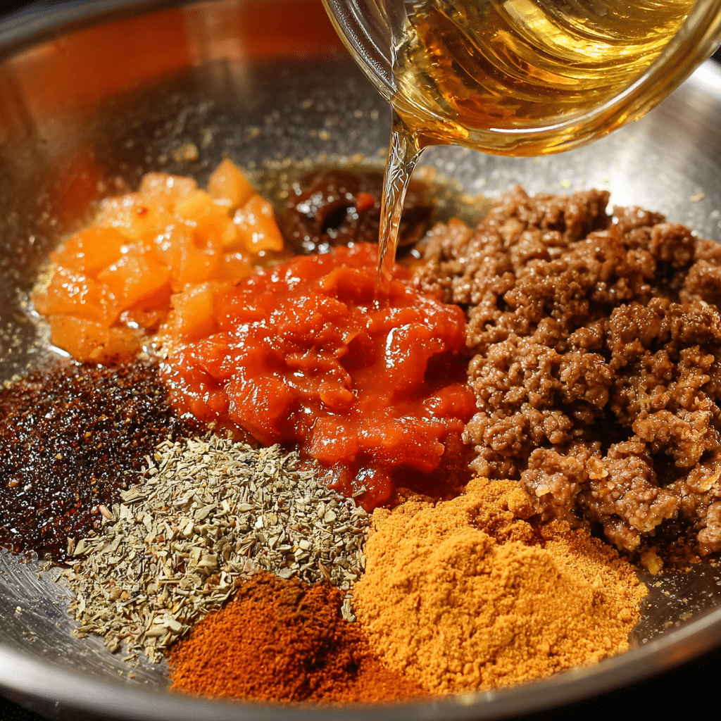 Cooking Manestra base with tomato paste and spices