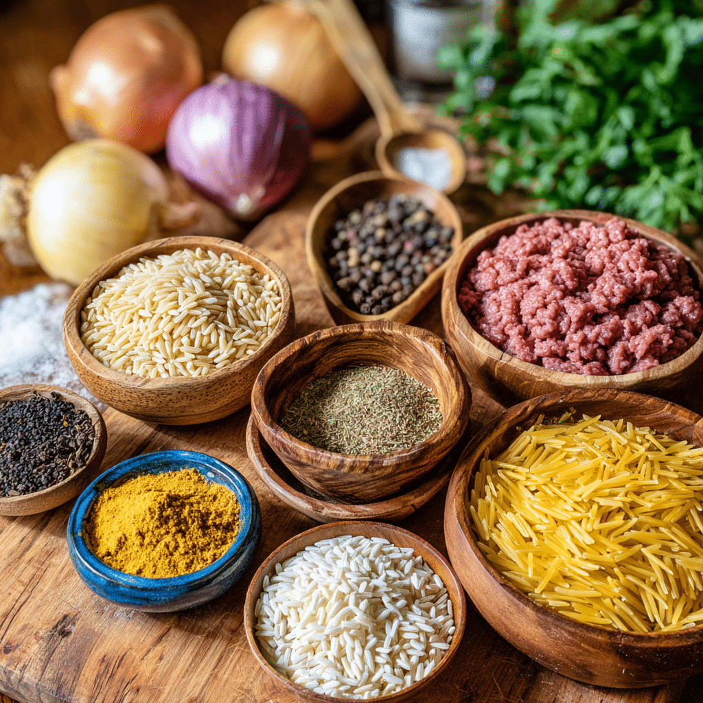 Manestra ingredients laid out for cooking