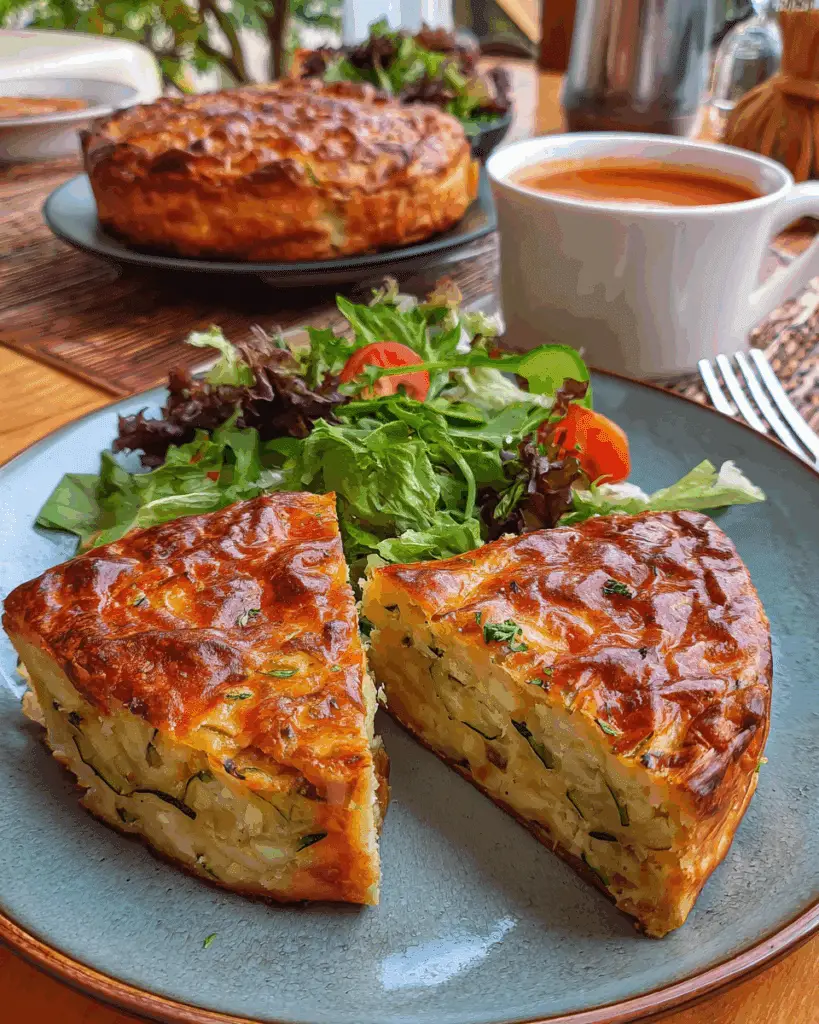 Zucchini Onion Pie slice served with salad