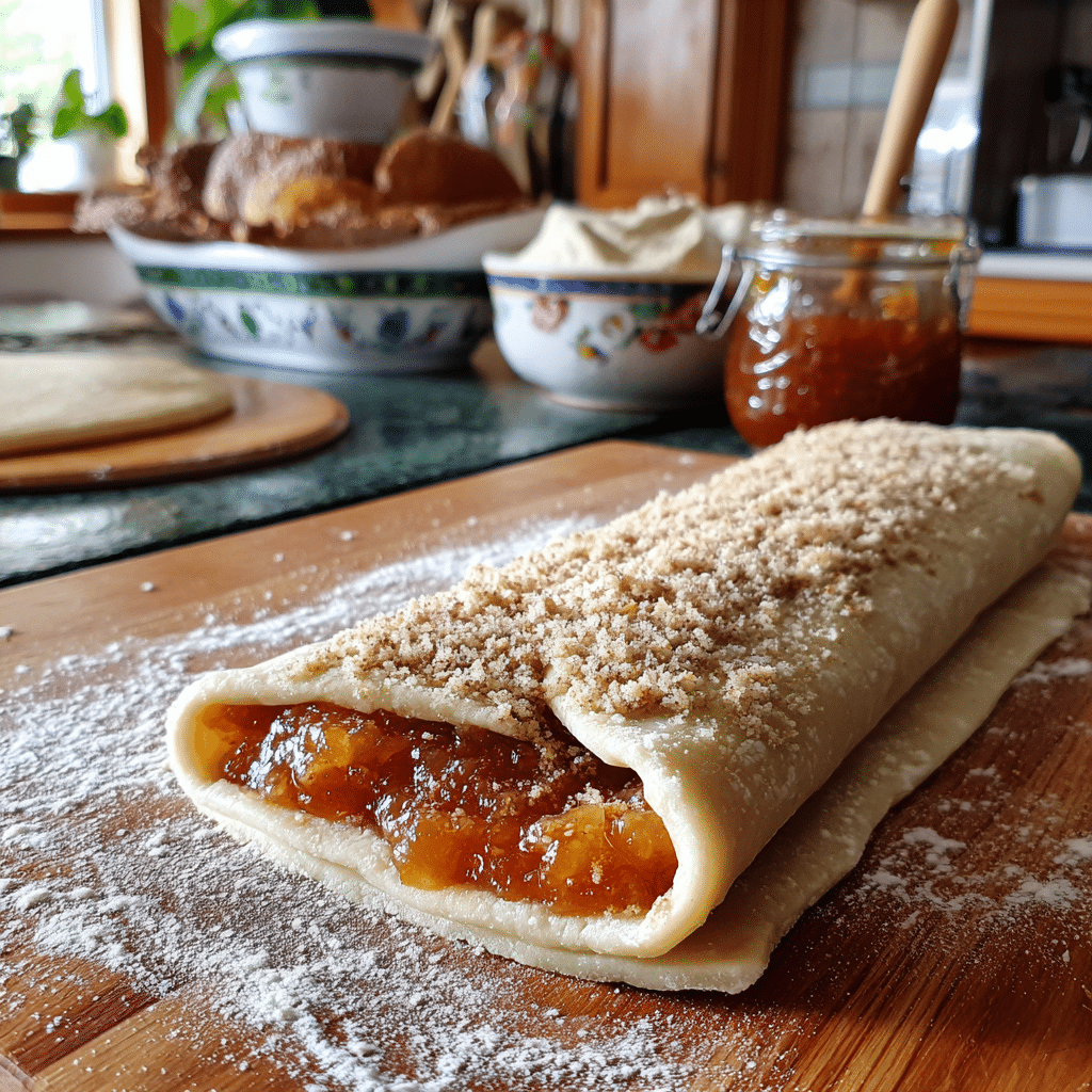 cinnamon roll dough layered with peach jam