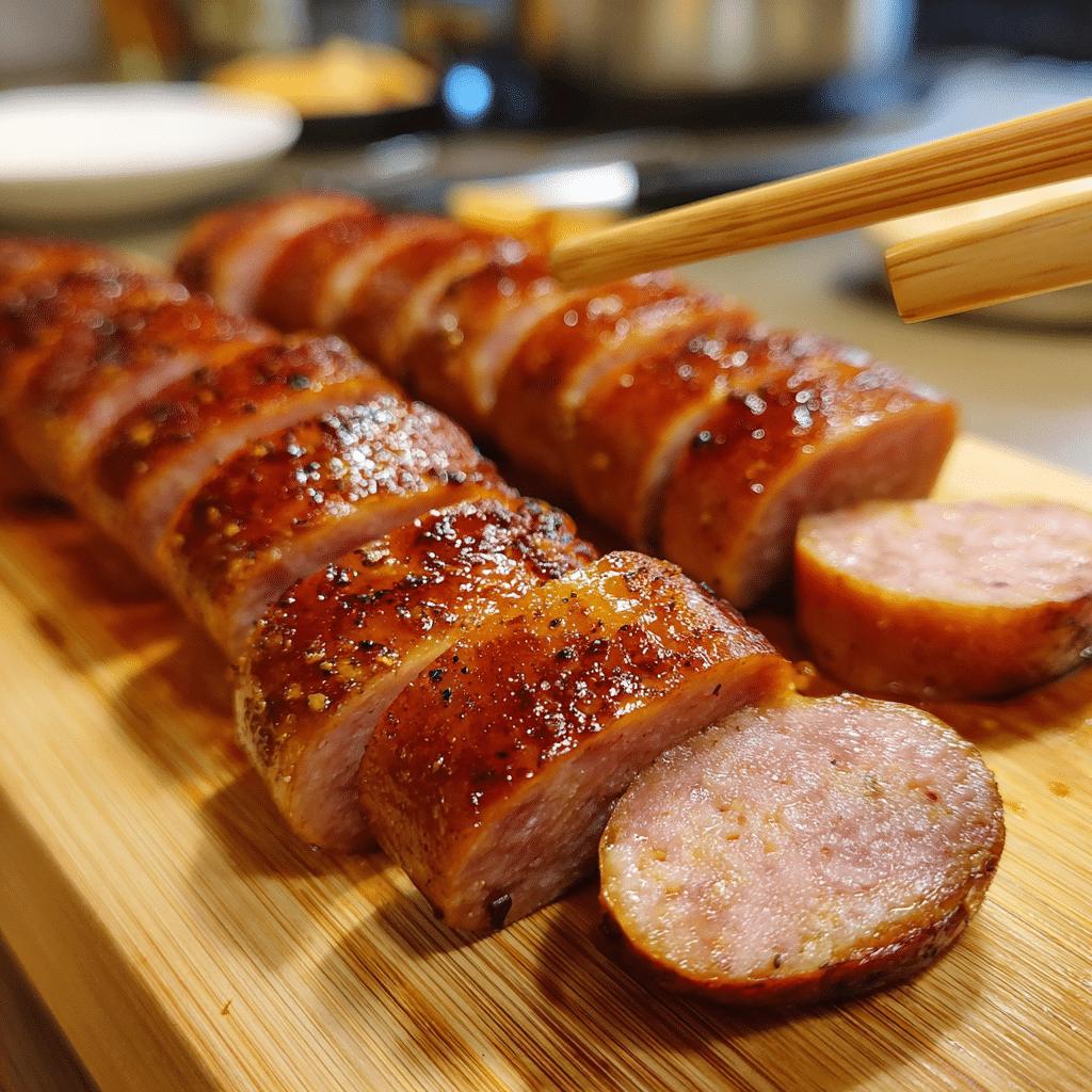 Kielbasa bites served with party tray sides
